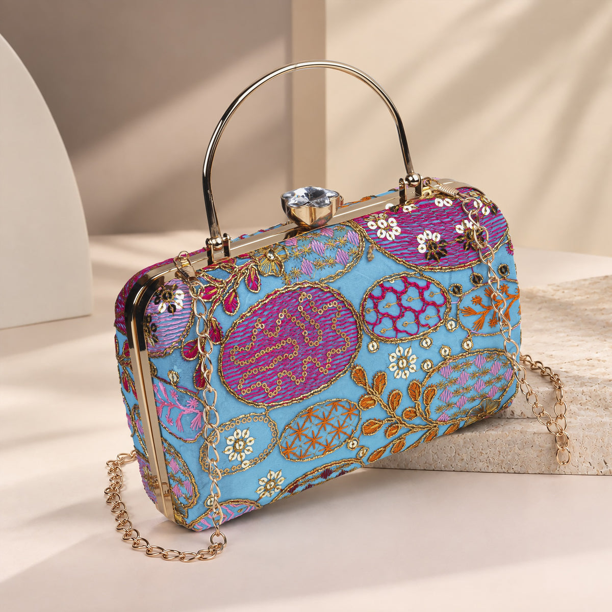 KarryQ Aqua Blue Sequin Oval Embroidered Top Handle Box Clutch