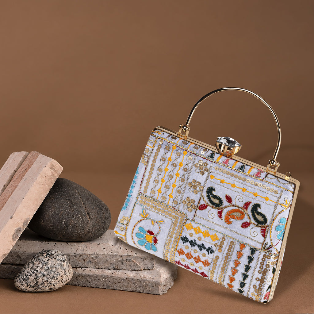 KarryQ White Patchwork Paisley Embroidered Frame Handbag