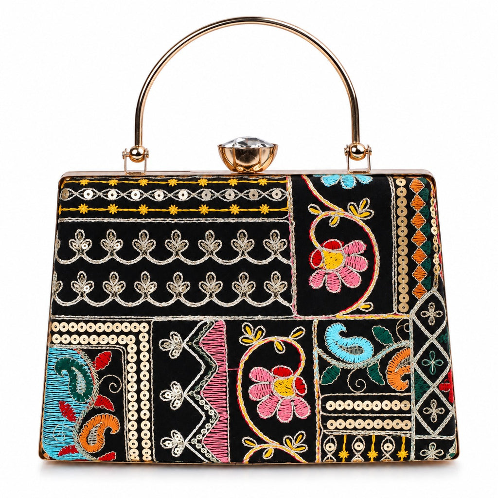 KarryQ Black Patchwork Paisley Frame Handbag