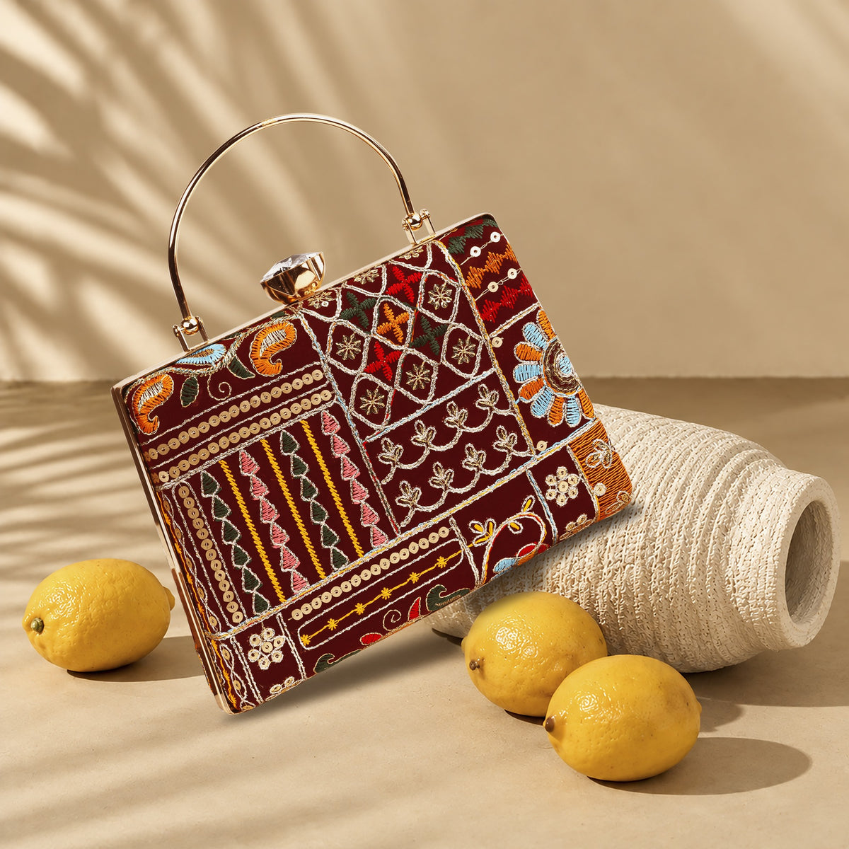 KarryQ Maroon Patchwork Embroidered Frame Handbag