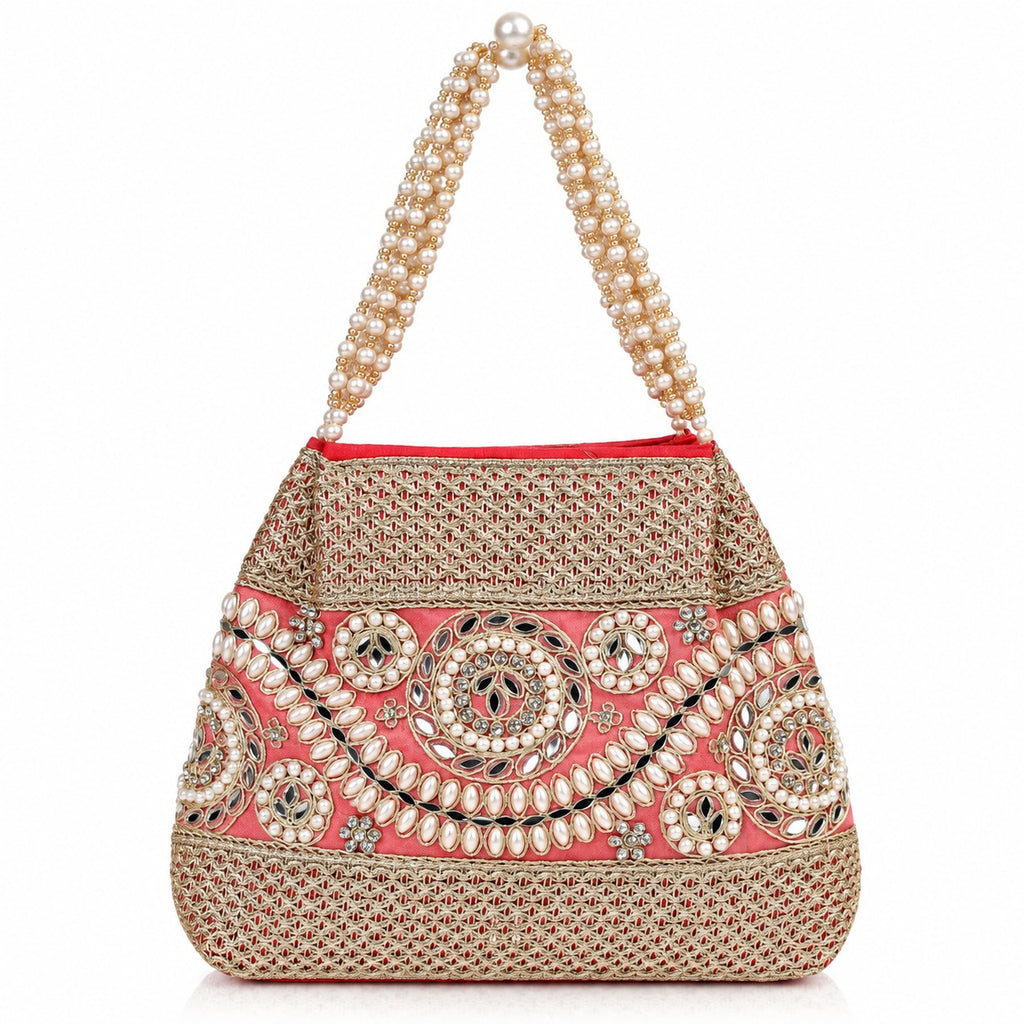 KarryQ Coral Pink Stone Work Pearl Handle Potli Bag