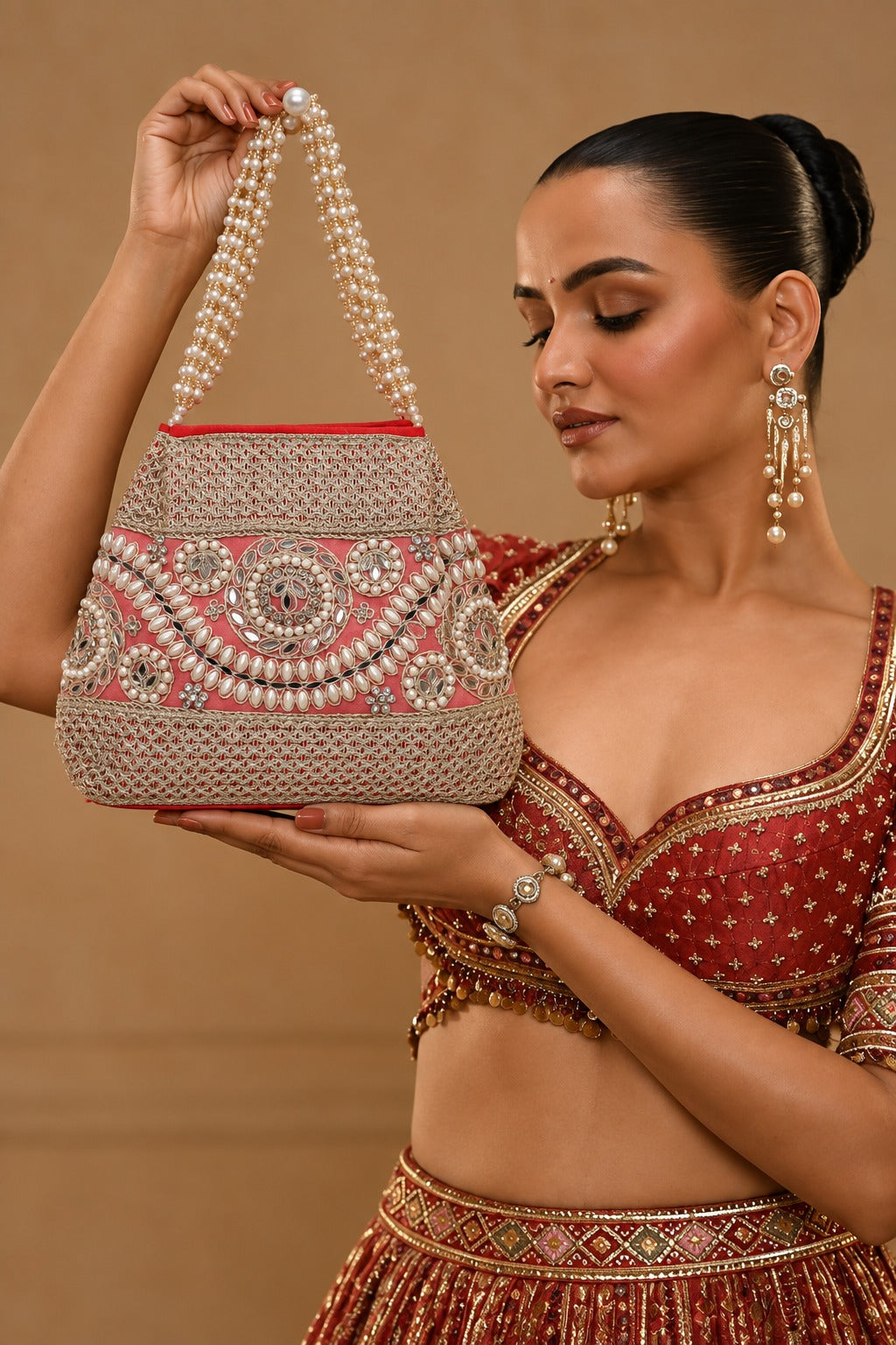 KarryQ Coral Pink Stone Work Pearl Handle Potli Bag
