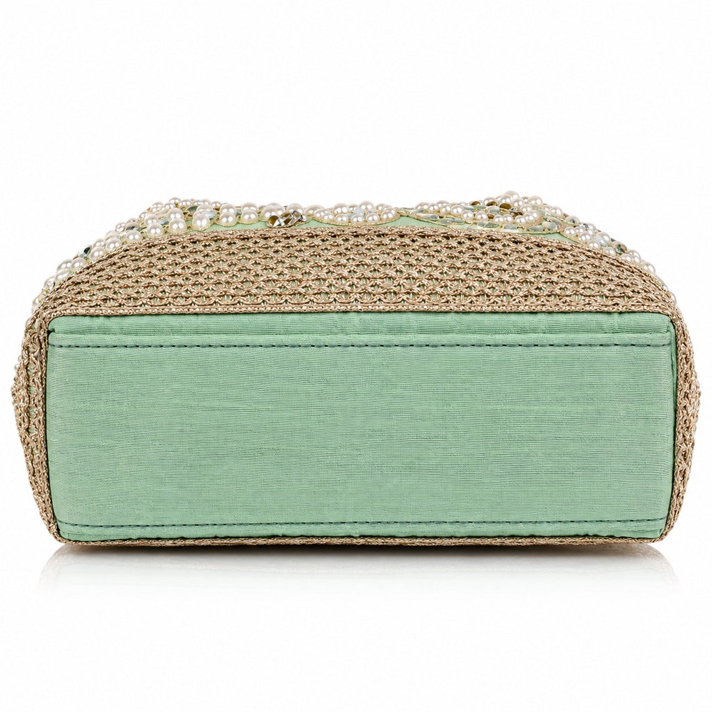 KarryQ Mint Green Stone Work Pearl Handle Potli Bag