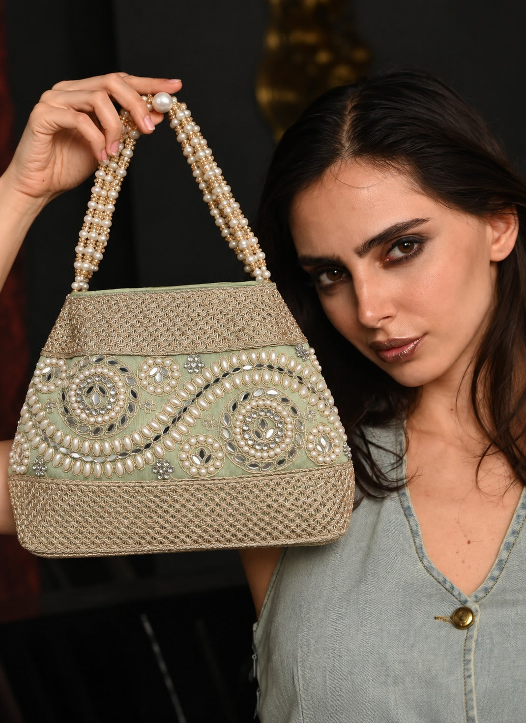 KarryQ Silver Grey Stone Work Pearl Handle Potli Bag
