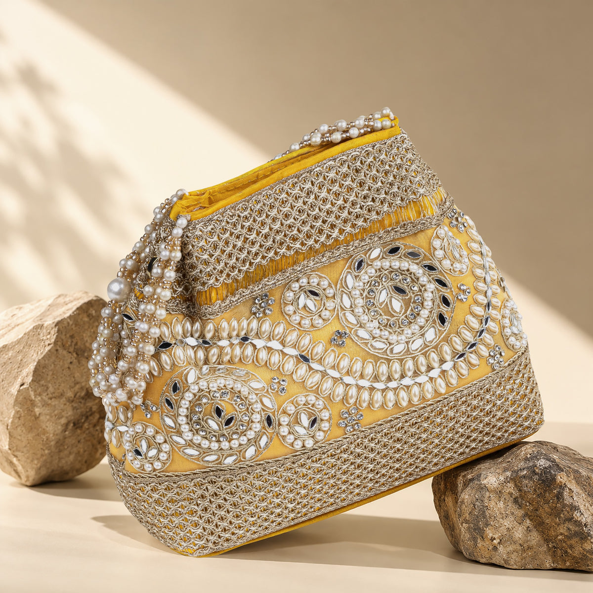 KarryQ Golden Stone Work Pearl Handle Potli Bag