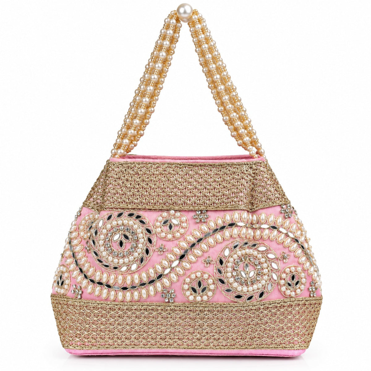 KarryQ Baby Pink Stone Work Pearl Handle Potli Bag
