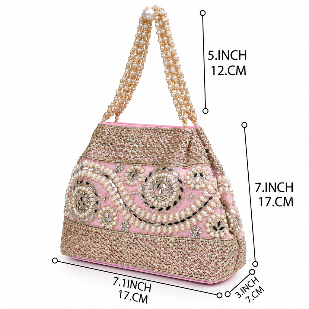 KarryQ Baby Pink Stone Work Pearl Handle Potli Bag