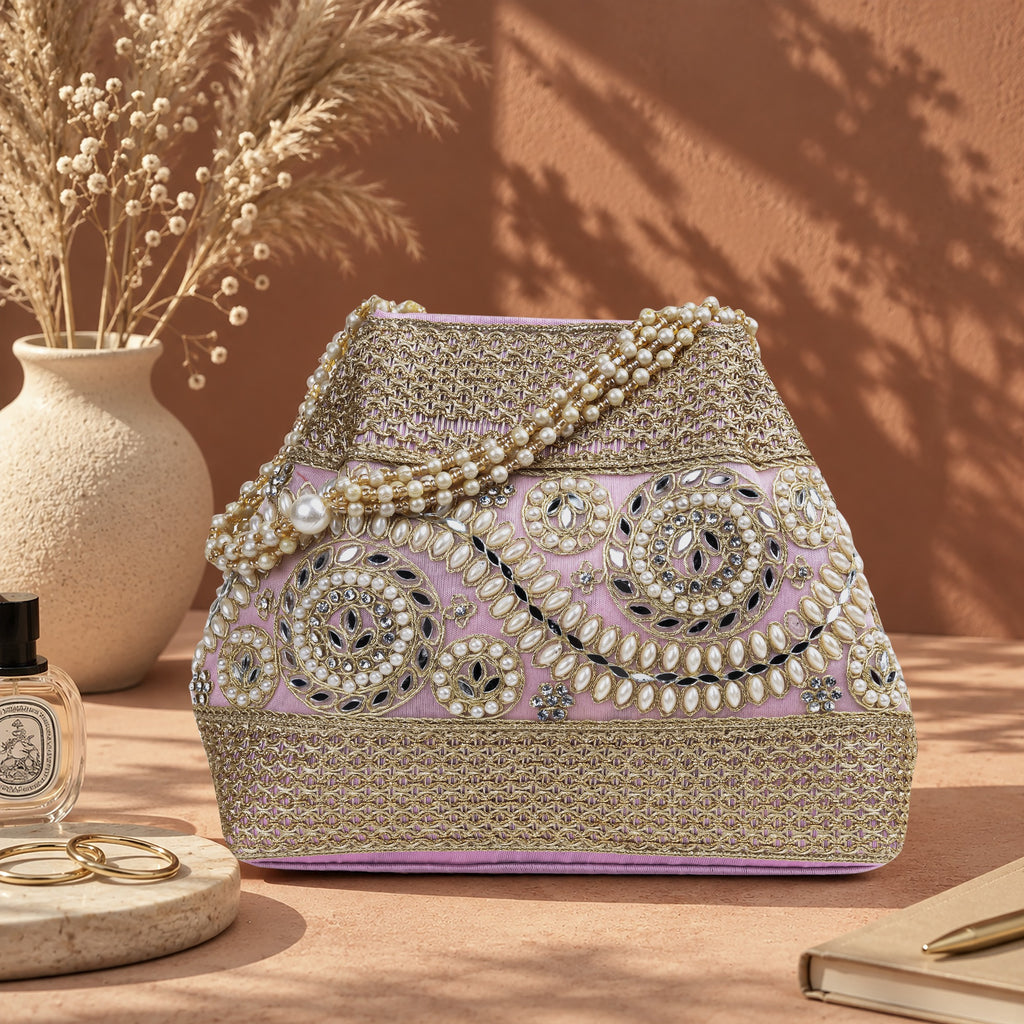 KarryQ Baby Pink Stone Work Pearl Handle Potli Bag