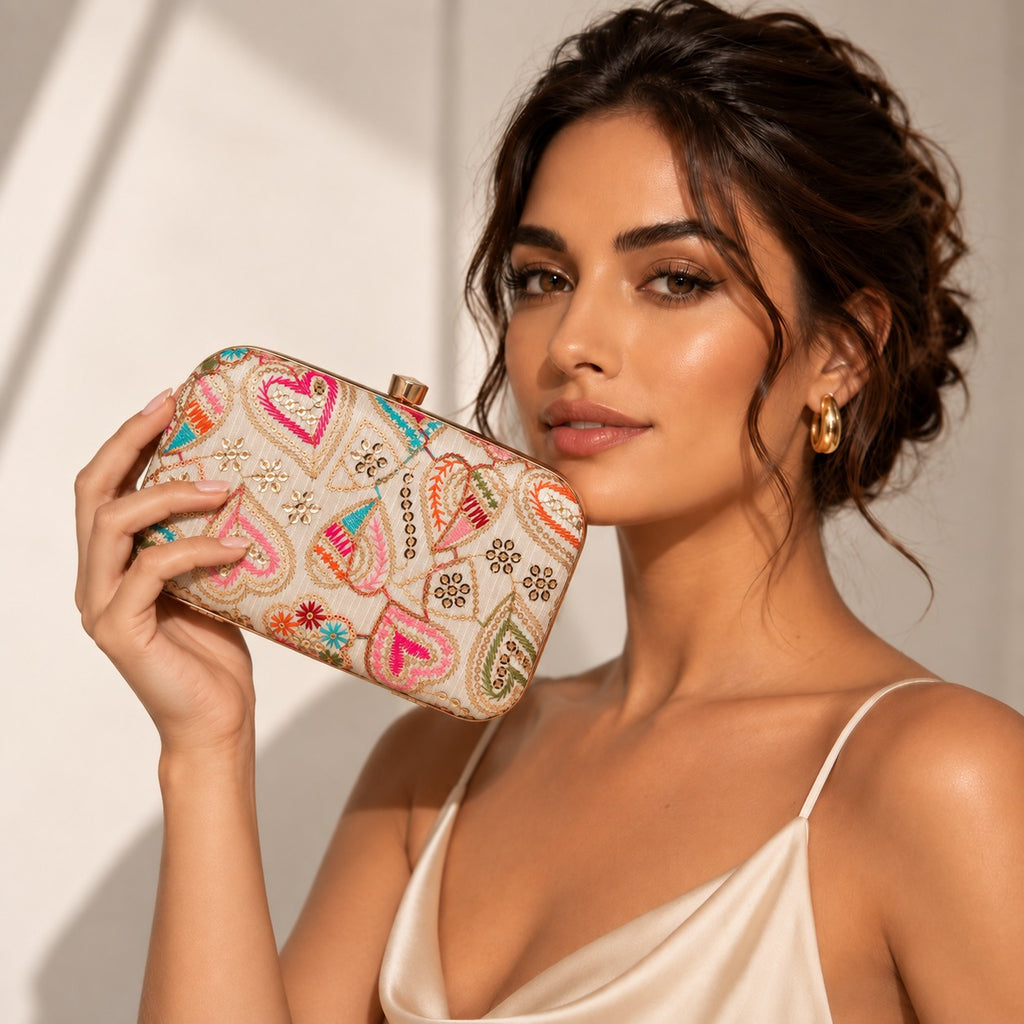 KarryQ Ivory Heart Paisley Box Clutch Purse