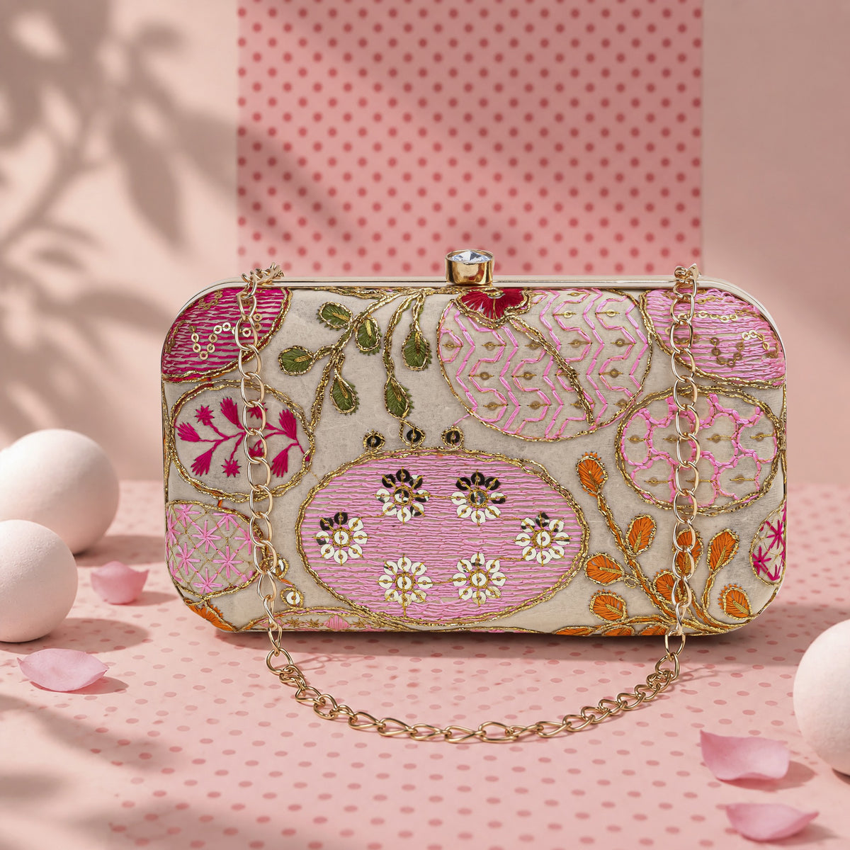 KarryQ Cream Pink Sequin Oval Box Clutch Purse