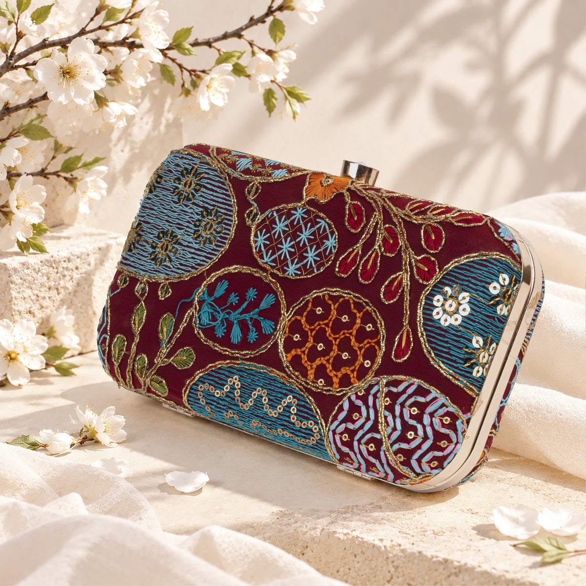 KarryQ Maroon Sequin Oval Embroidered Hard Case Box Clutch