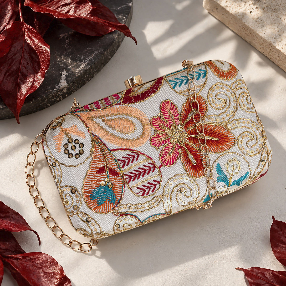 KarryQ Beige Floral Embroidered Hard Case Box Clutch