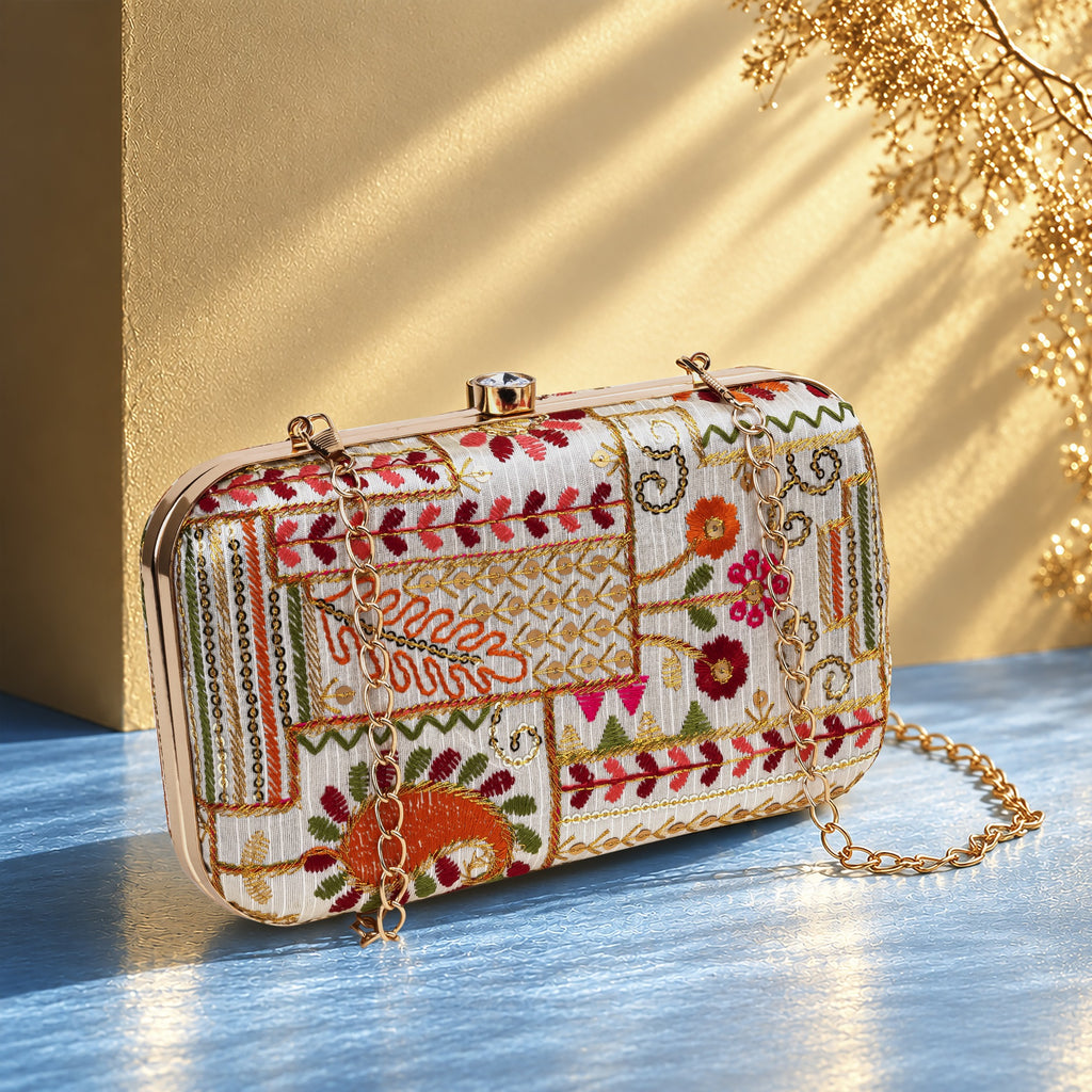 KarryQ Ivory Patchwork Paisley Embroidered Hard Case Box Clutch