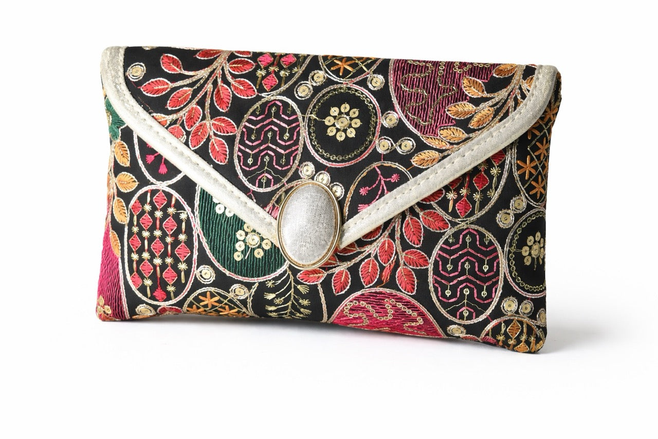 KarryQ Women Black Multicolor Embroidered Hand Purse | Ethnic Floral Designer Envelope Clutch Bag with Decorative Lock | Wedding, Party, Festive & Traditional Occasion Purse for Women & Girls
