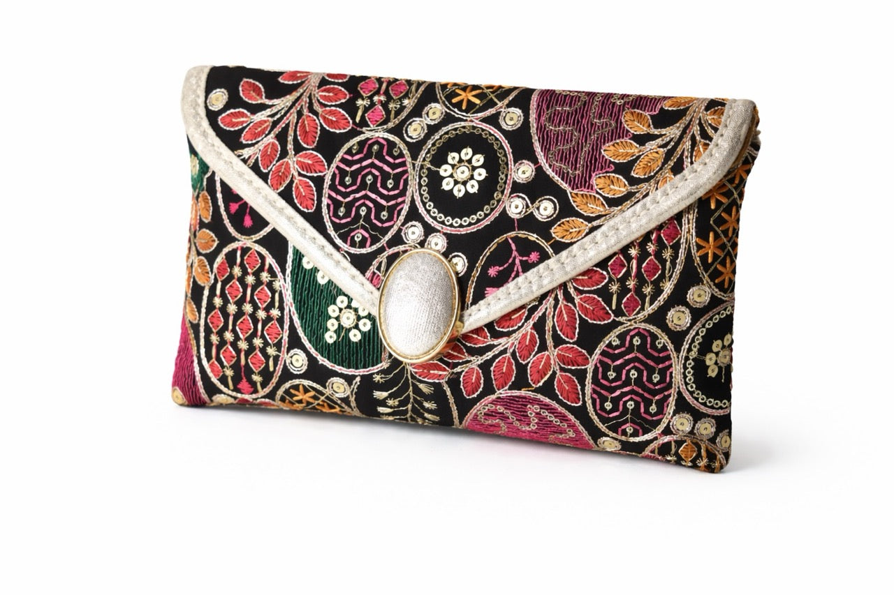 KarryQ Women Black Multicolor Embroidered Hand Purse | Ethnic Floral Designer Envelope Clutch Bag with Decorative Lock | Wedding, Party, Festive & Traditional Occasion Purse for Women & Girls