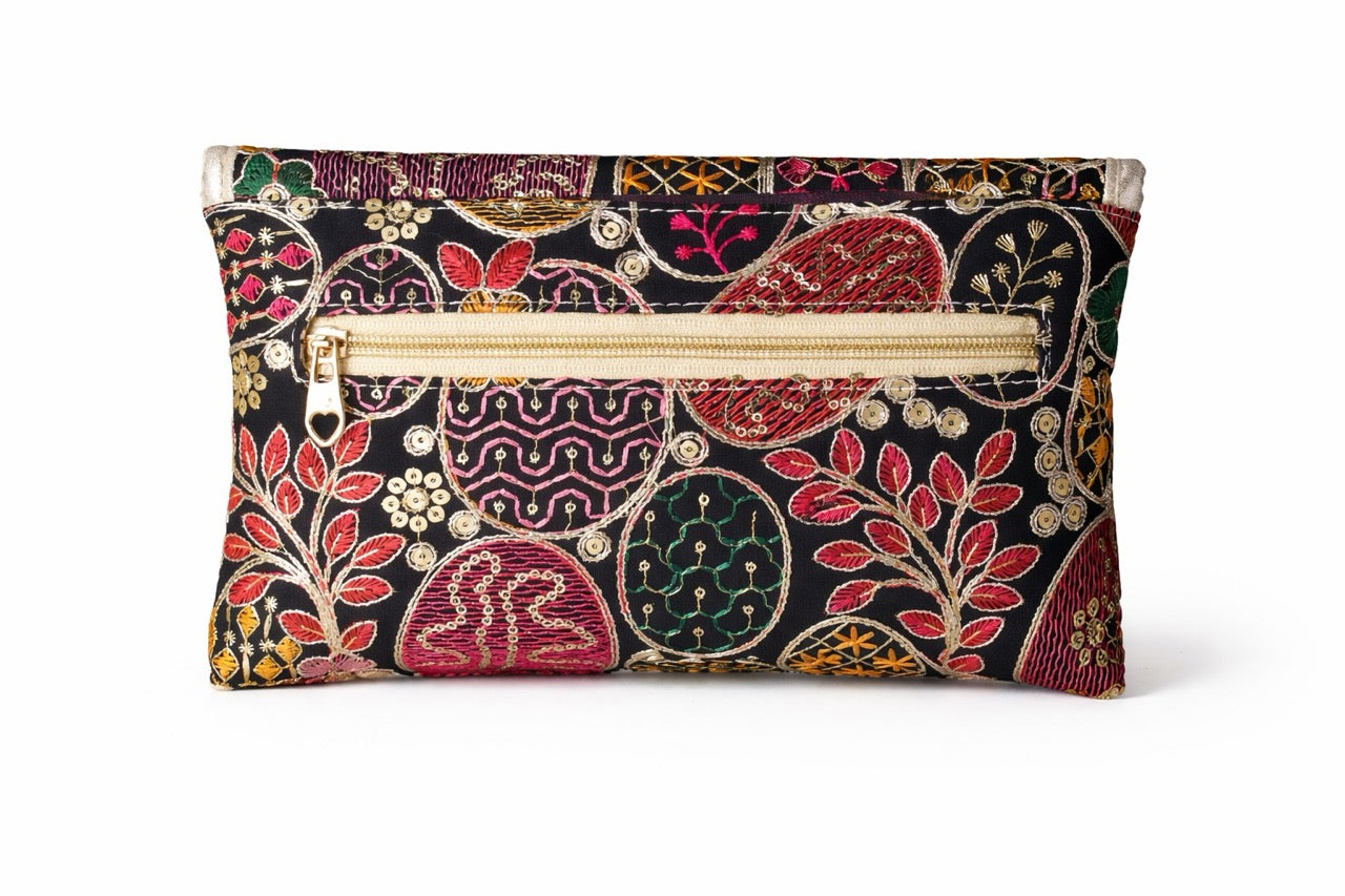 KarryQ Women Black Multicolor Embroidered Hand Purse | Ethnic Floral Designer Envelope Clutch Bag with Decorative Lock | Wedding, Party, Festive & Traditional Occasion Purse for Women & Girls