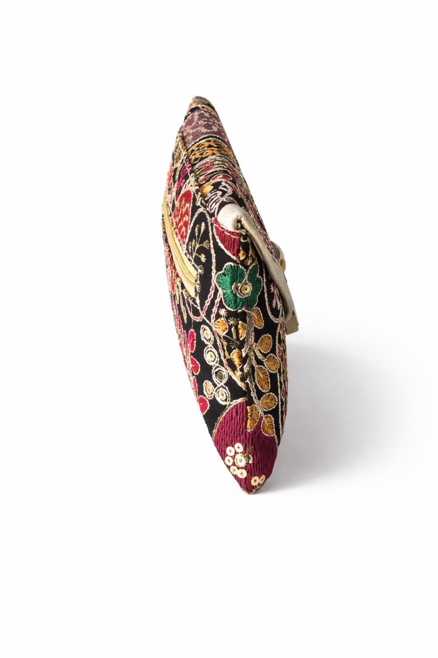 KarryQ Women Black Multicolor Embroidered Hand Purse | Ethnic Floral Designer Envelope Clutch Bag with Decorative Lock | Wedding, Party, Festive & Traditional Occasion Purse for Women & Girls