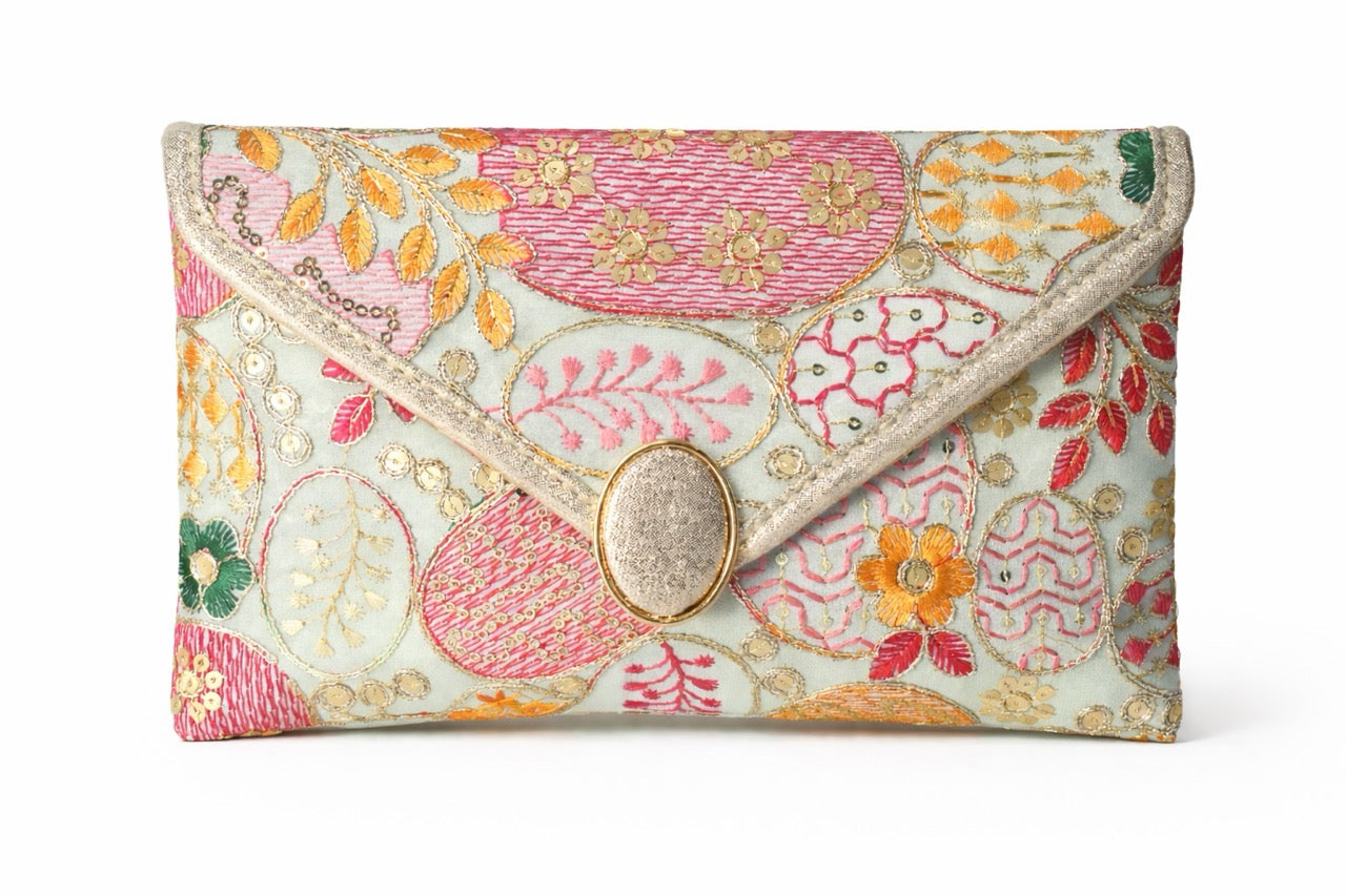 KarryQ Women Pastel Blue Multicolor Embroidered Hand Purse | Floral Ethnic Designer Envelope Clutch with Decorative Lock | Wedding, Party, Festive & Traditional Occasion Purse for Women & Girls