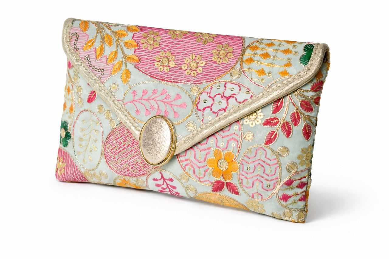 KarryQ Women Pastel Blue Multicolor Embroidered Hand Purse | Floral Ethnic Designer Envelope Clutch with Decorative Lock | Wedding, Party, Festive & Traditional Occasion Purse for Women & Girls
