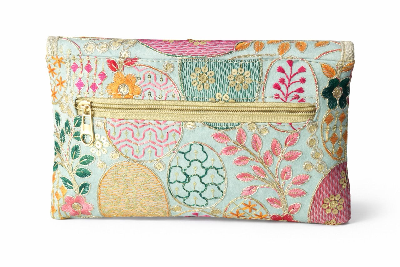 KarryQ Women Pastel Blue Multicolor Embroidered Hand Purse | Floral Ethnic Designer Envelope Clutch with Decorative Lock | Wedding, Party, Festive & Traditional Occasion Purse for Women & Girls