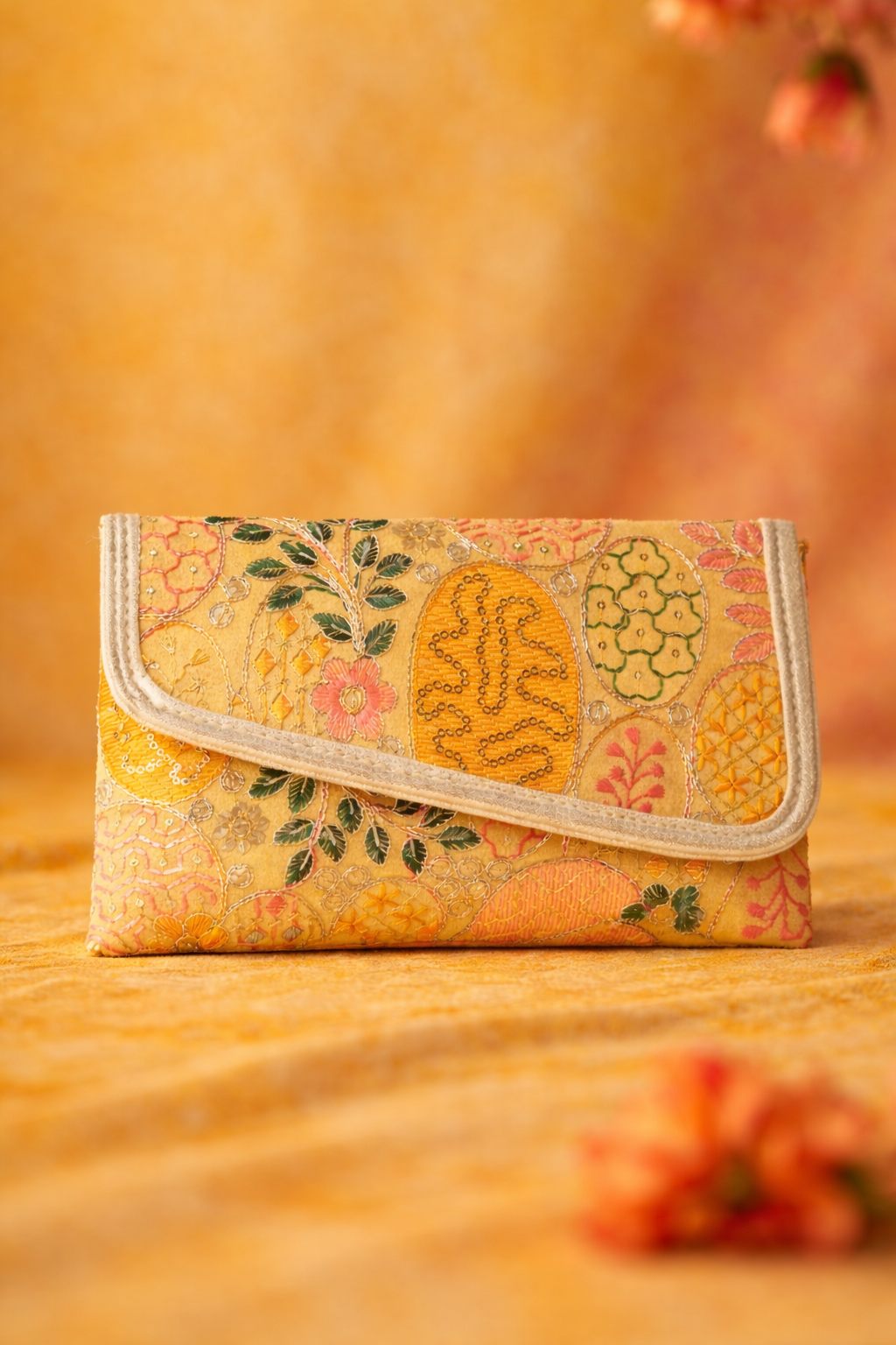 KarryQ Women Ethnic Embroidered Hand Purse with Golden Chain Strap | Multicolor Floral Designer Sling Clutch Bag | Traditional Party, Wedding, Festive & Occasion Handbag for Women & Girls