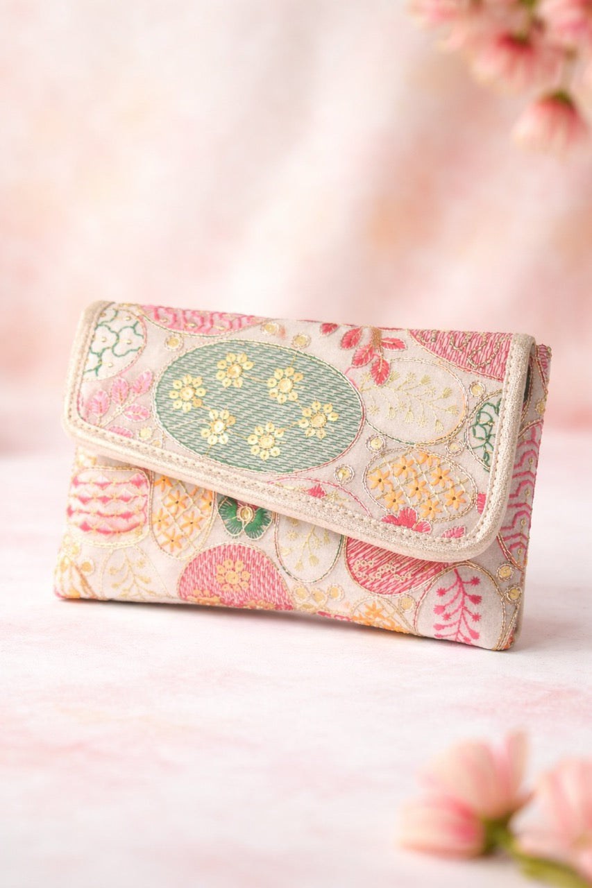 KarryQ Women White Multicolor Embroidered Hand Purse with Golden Chain | Floral Ethnic Designer Sling Clutch Bag | Wedding, Party, Festive & Traditional Occasion Handbag for Women & Girls