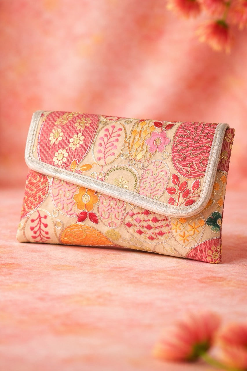 KarryQ Women Beige Multicolor Embroidered Hand Purse with Golden Chain | Floral Ethnic Designer Sling Clutch Bag | Wedding, Party, Festive & Traditional Occasion Purse for Women & Girls