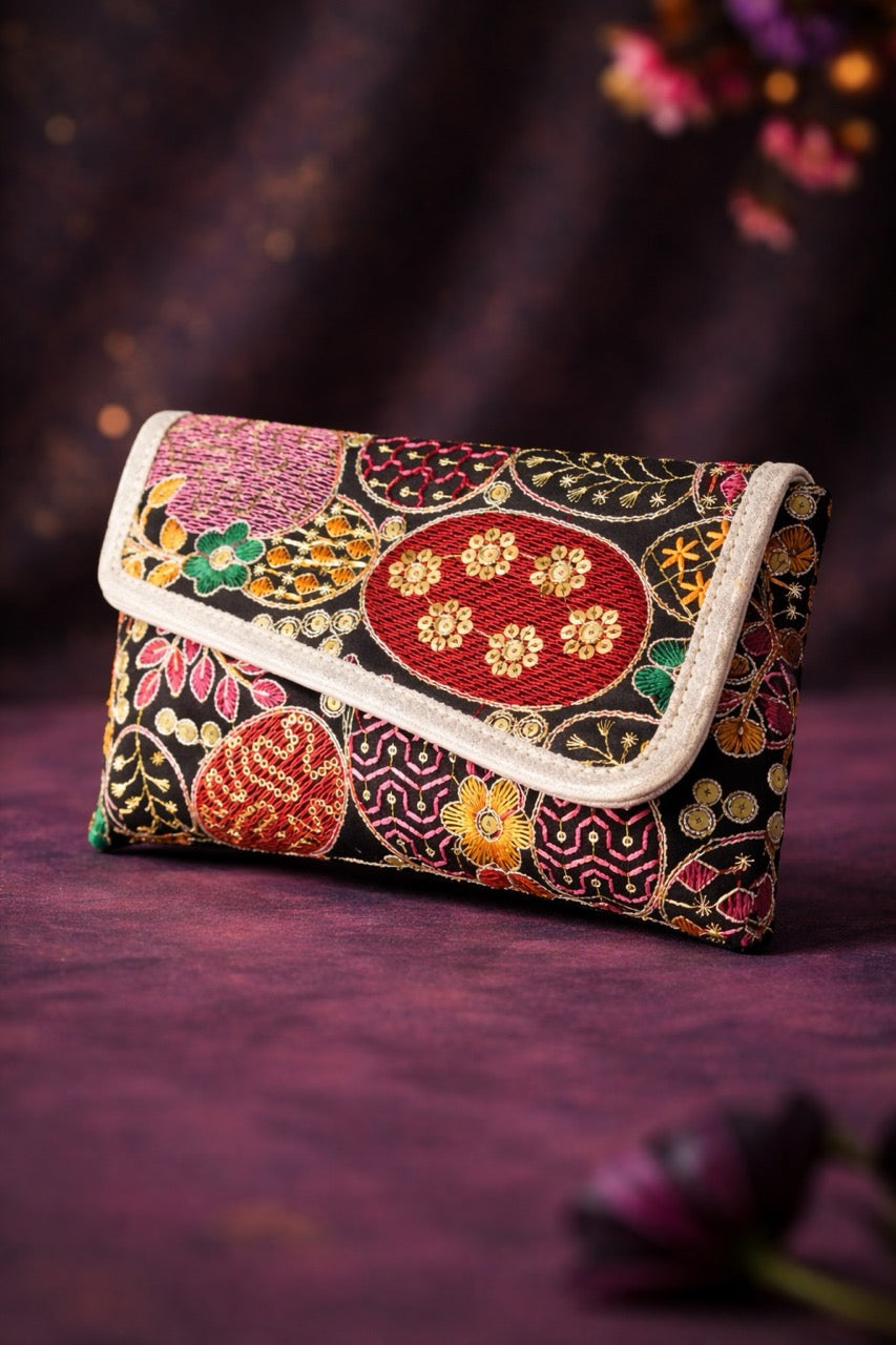 KarryQ Women Black Multicolor Embroidered Hand Purse with Golden Chain | Ethnic Floral Designer Sling Clutch Bag | Wedding, Party, Festive & Traditional Occasion Purse for Women & Girls