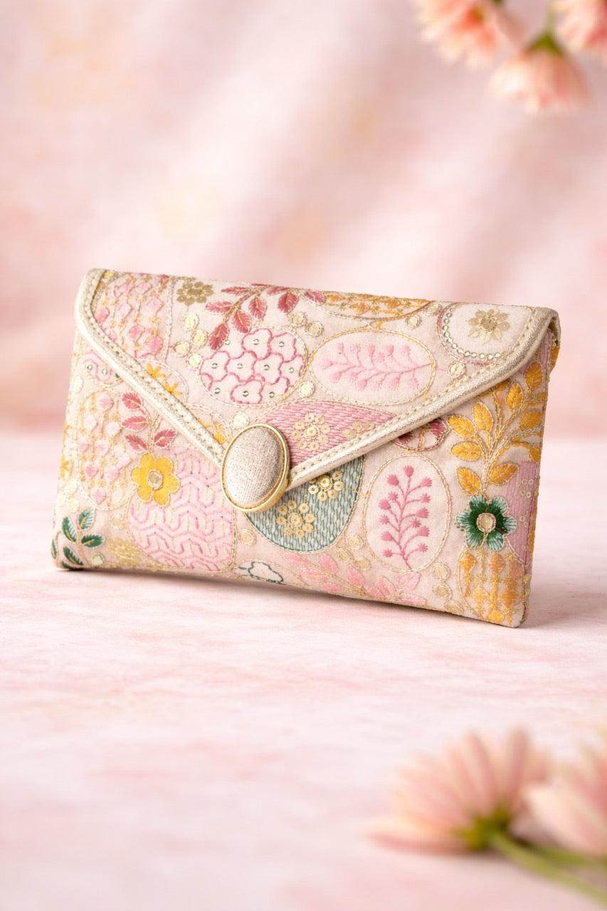 KarryQ Women Ivory Multicolor Embroidered Hand Purse | Floral Ethnic Designer Envelope Clutch Bag with Decorative Lock | Wedding, Party, Festive & Traditional Occasion Purse for Women & Girls