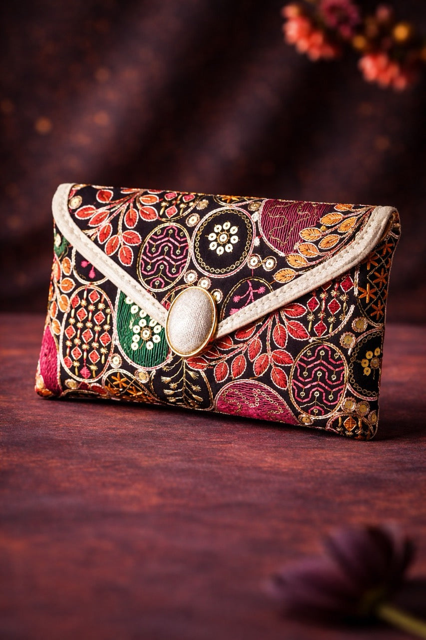 KarryQ Women Black Multicolor Embroidered Hand Purse | Ethnic Floral Designer Envelope Clutch Bag with Decorative Lock | Wedding, Party, Festive & Traditional Occasion Purse for Women & Girls