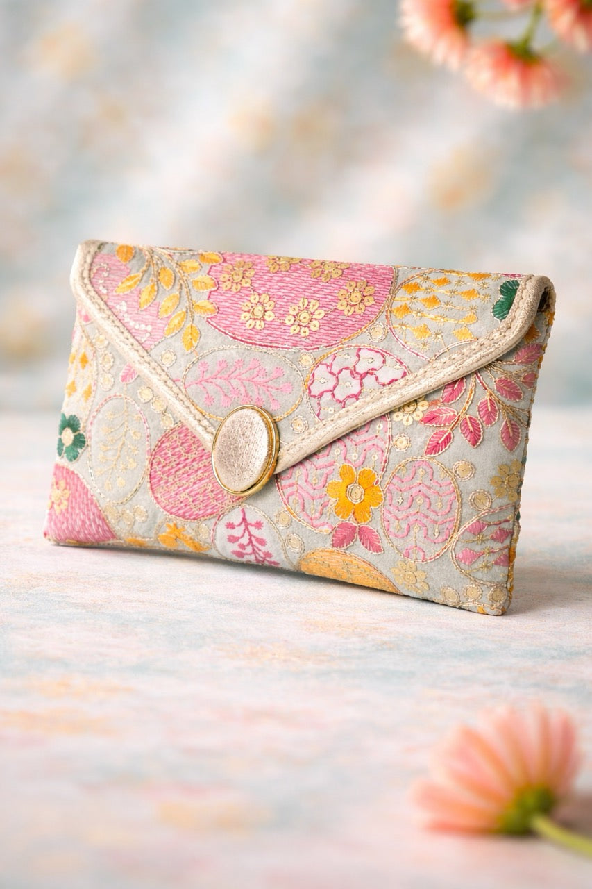 KarryQ Women Pastel Blue Multicolor Embroidered Hand Purse | Floral Ethnic Designer Envelope Clutch with Decorative Lock | Wedding, Party, Festive & Traditional Occasion Purse for Women & Girls
