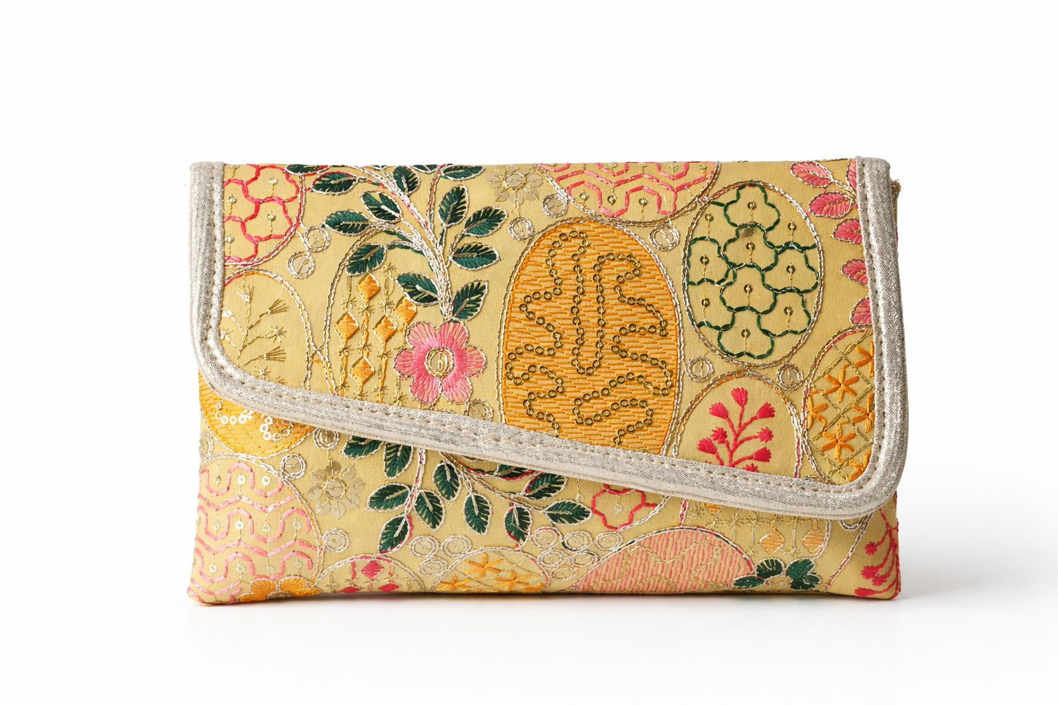 KarryQ Women Ethnic Embroidered Hand Purse with Golden Chain Strap | Multicolor Floral Designer Sling Clutch Bag | Traditional Party, Wedding, Festive & Occasion Handbag for Women & Girls