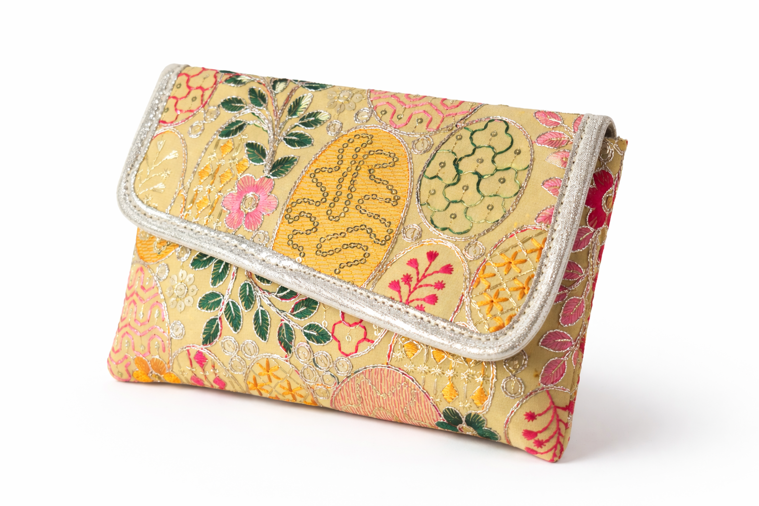 KarryQ Women Ethnic Embroidered Hand Purse with Golden Chain Strap | Multicolor Floral Designer Sling Clutch Bag | Traditional Party, Wedding, Festive & Occasion Handbag for Women & Girls