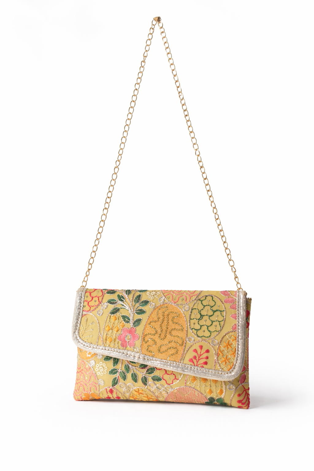 KarryQ Women Ethnic Embroidered Hand Purse with Golden Chain Strap | Multicolor Floral Designer Sling Clutch Bag | Traditional Party, Wedding, Festive & Occasion Handbag for Women & Girls