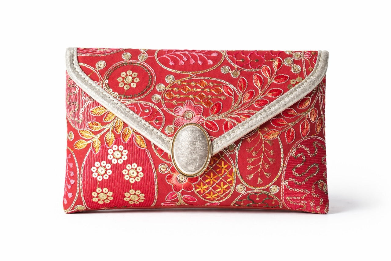 KarryQ Women Red Embroidered Hand Purse | Ethnic Floral Designer Envelope Clutch Bag with Decorative Lock | Wedding, Bridal, Party, Festive & Traditional Occasion Purse for Women & Girls