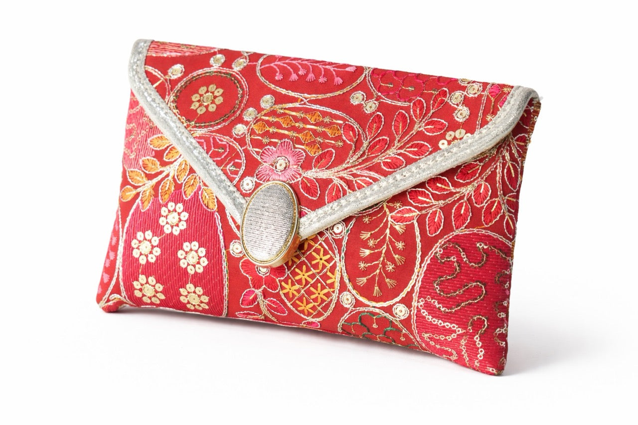 KarryQ Women Red Embroidered Hand Purse | Ethnic Floral Designer Envelope Clutch Bag with Decorative Lock | Wedding, Bridal, Party, Festive & Traditional Occasion Purse for Women & Girls