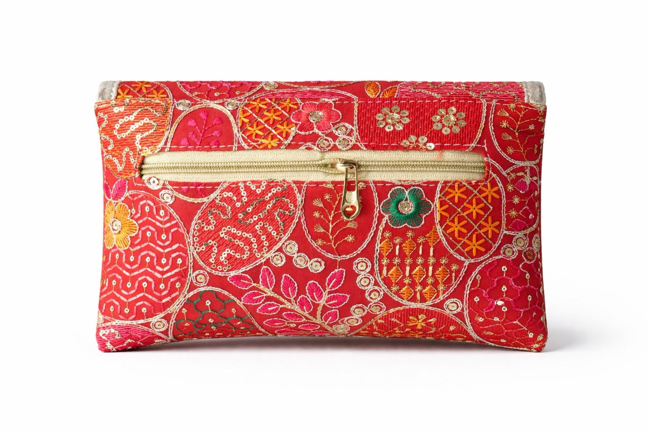 KarryQ Women Red Embroidered Hand Purse | Ethnic Floral Designer Envelope Clutch Bag with Decorative Lock | Wedding, Bridal, Party, Festive & Traditional Occasion Purse for Women & Girls