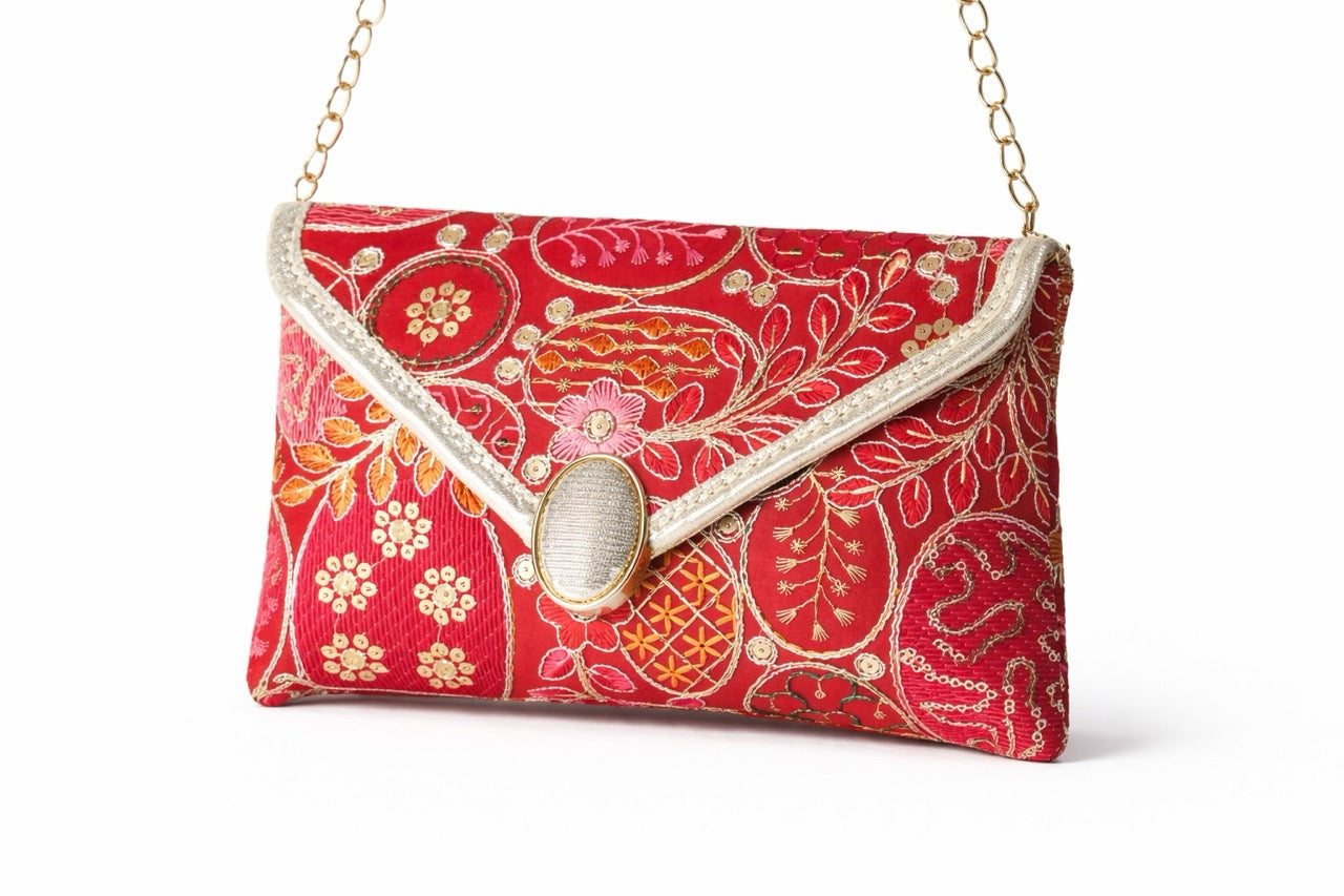 KarryQ Women Red Embroidered Hand Purse | Ethnic Floral Designer Envelope Clutch Bag with Decorative Lock | Wedding, Bridal, Party, Festive & Traditional Occasion Purse for Women & Girls