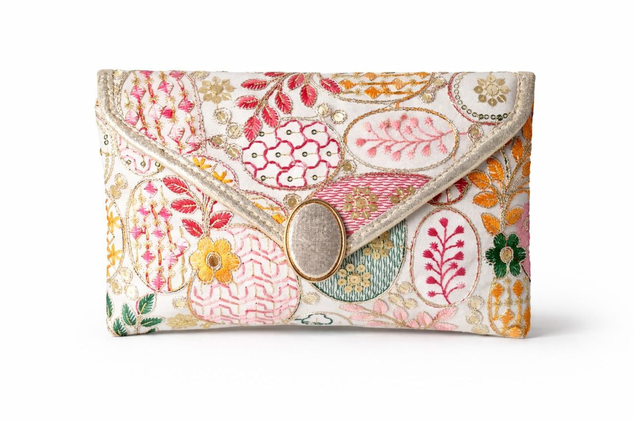 KarryQ Women Ivory Multicolor Embroidered Hand Purse | Floral Ethnic Designer Envelope Clutch Bag with Decorative Lock | Wedding, Party, Festive & Traditional Occasion Purse for Women & Girls