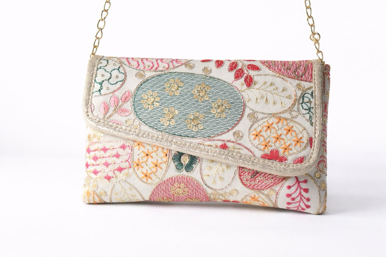 KarryQ Women White Multicolor Embroidered Hand Purse with Golden Chain | Floral Ethnic Designer Sling Clutch Bag | Wedding, Party, Festive & Traditional Occasion Handbag for Women & Girls