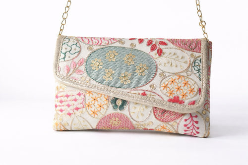 KarryQ Women White Multicolor Embroidered Hand Purse with Golden Chain | Floral Ethnic Designer Sling Clutch Bag | Wedding, Party, Festive & Traditional Occasion Handbag for Women & Girls