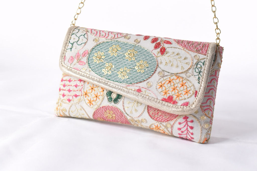 KarryQ Women White Multicolor Embroidered Hand Purse with Golden Chain | Floral Ethnic Designer Sling Clutch Bag | Wedding, Party, Festive & Traditional Occasion Handbag for Women & Girls