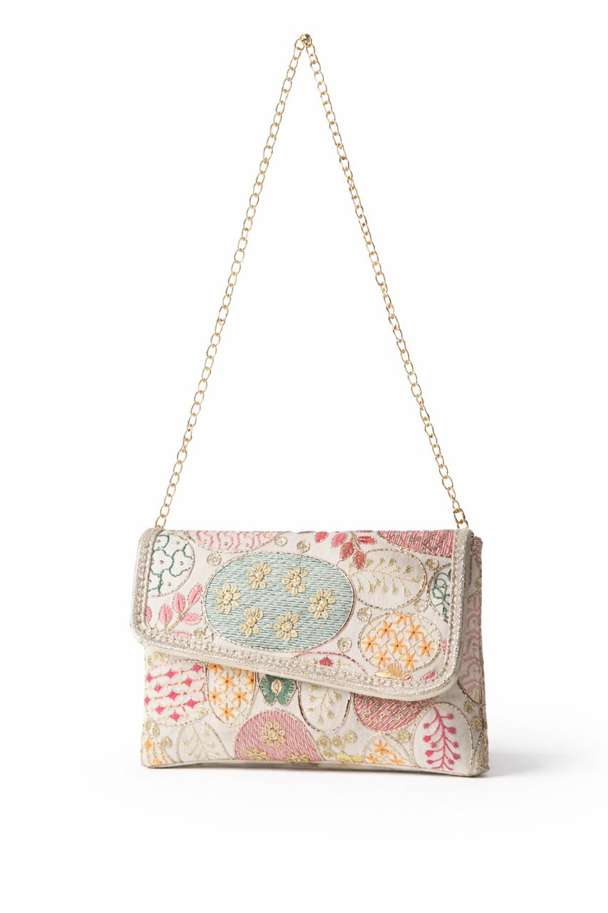 KarryQ Women White Multicolor Embroidered Hand Purse with Golden Chain | Floral Ethnic Designer Sling Clutch Bag | Wedding, Party, Festive & Traditional Occasion Handbag for Women & Girls