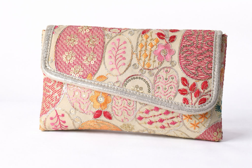 KarryQ Women Beige Multicolor Embroidered Hand Purse with Golden Chain | Floral Ethnic Designer Sling Clutch Bag | Wedding, Party, Festive & Traditional Occasion Purse for Women & Girls