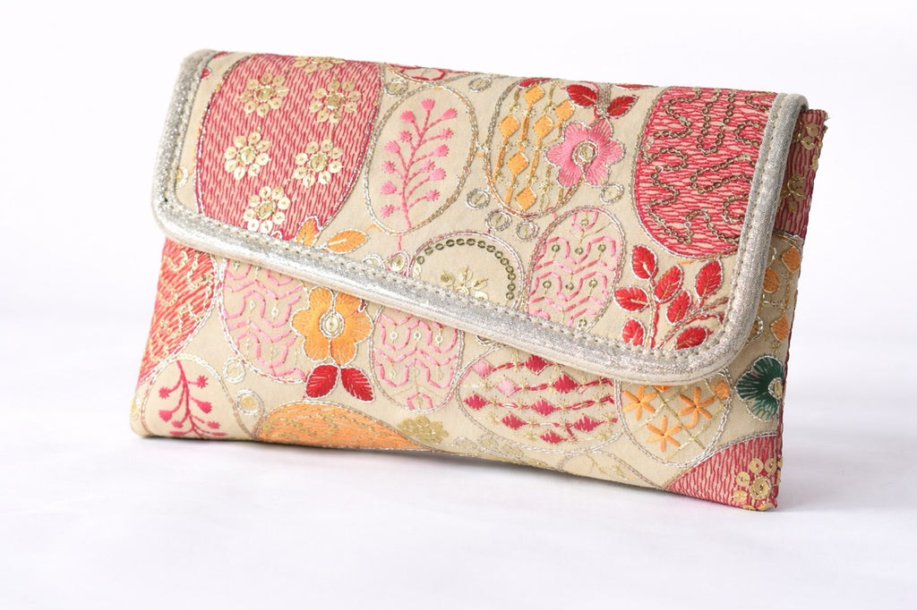 KarryQ Women Beige Multicolor Embroidered Hand Purse with Golden Chain | Floral Ethnic Designer Sling Clutch Bag | Wedding, Party, Festive & Traditional Occasion Purse for Women & Girls