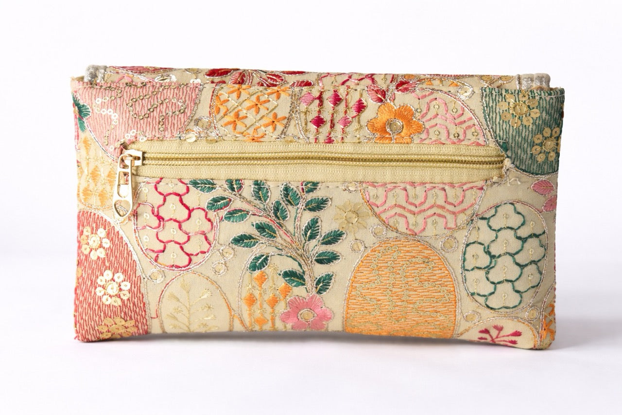 KarryQ Women Beige Multicolor Embroidered Hand Purse with Golden Chain | Floral Ethnic Designer Sling Clutch Bag | Wedding, Party, Festive & Traditional Occasion Purse for Women & Girls