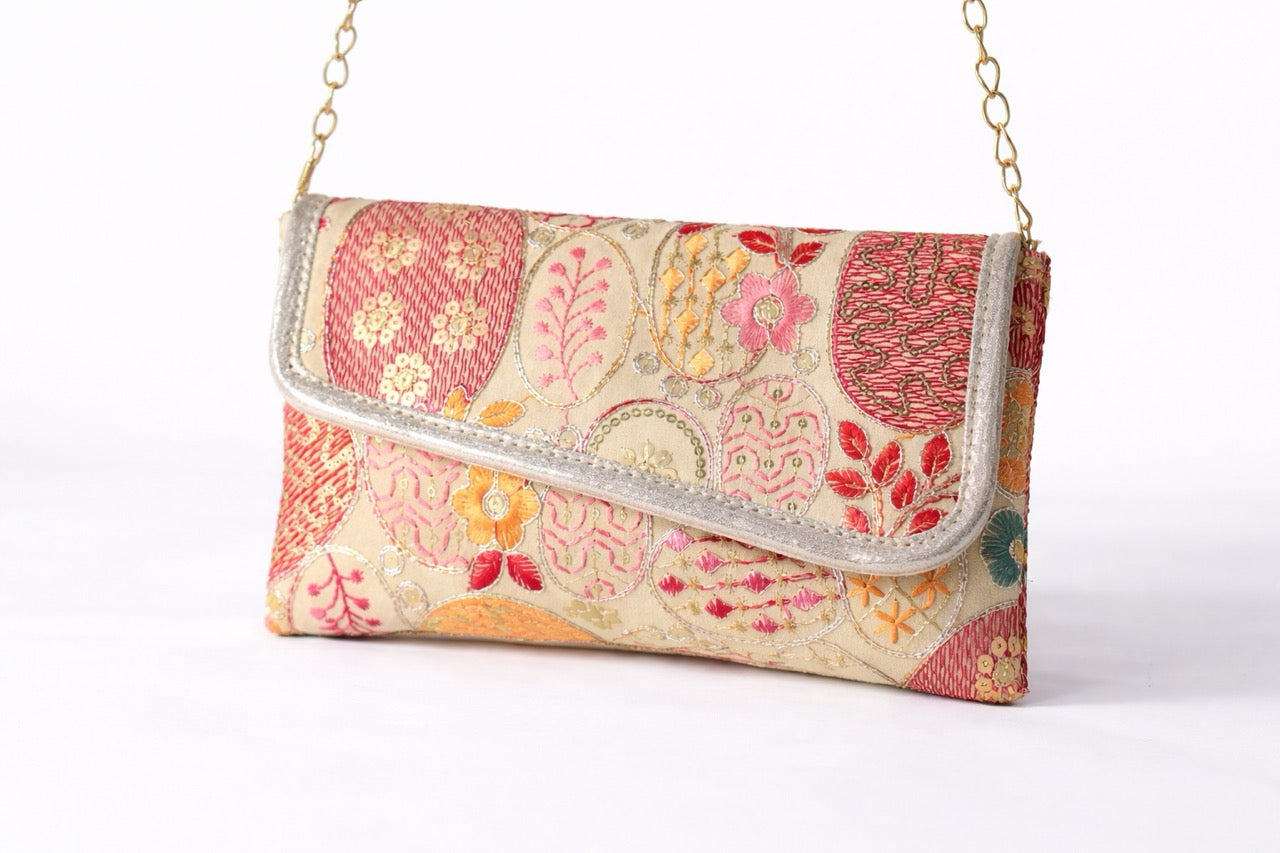 KarryQ Women Beige Multicolor Embroidered Hand Purse with Golden Chain | Floral Ethnic Designer Sling Clutch Bag | Wedding, Party, Festive & Traditional Occasion Purse for Women & Girls