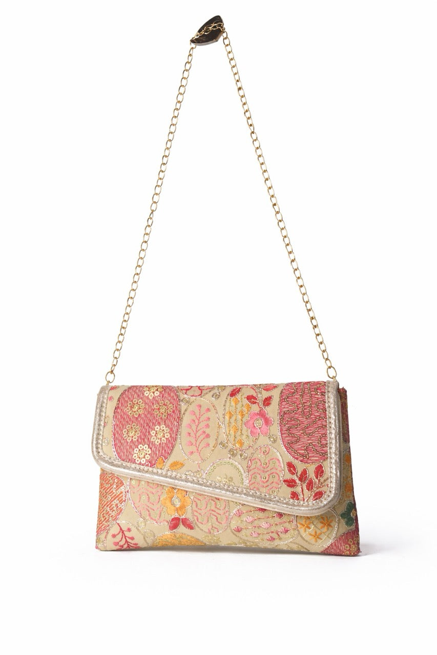 KarryQ Women Beige Multicolor Embroidered Hand Purse with Golden Chain | Floral Ethnic Designer Sling Clutch Bag | Wedding, Party, Festive & Traditional Occasion Purse for Women & Girls