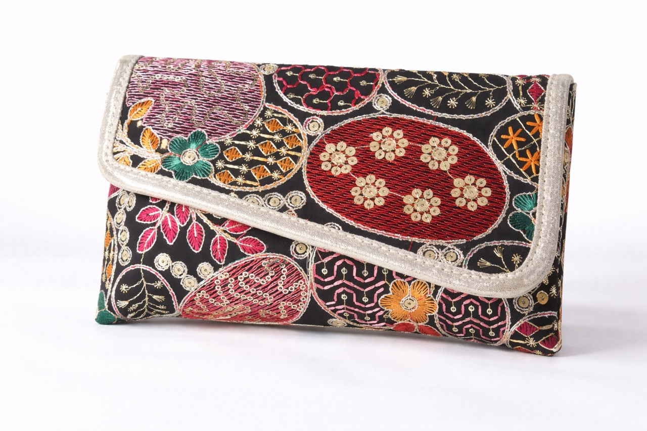 KarryQ Women Black Multicolor Embroidered Hand Purse with Golden Chain | Ethnic Floral Designer Sling Clutch Bag | Wedding, Party, Festive & Traditional Occasion Purse for Women & Girls