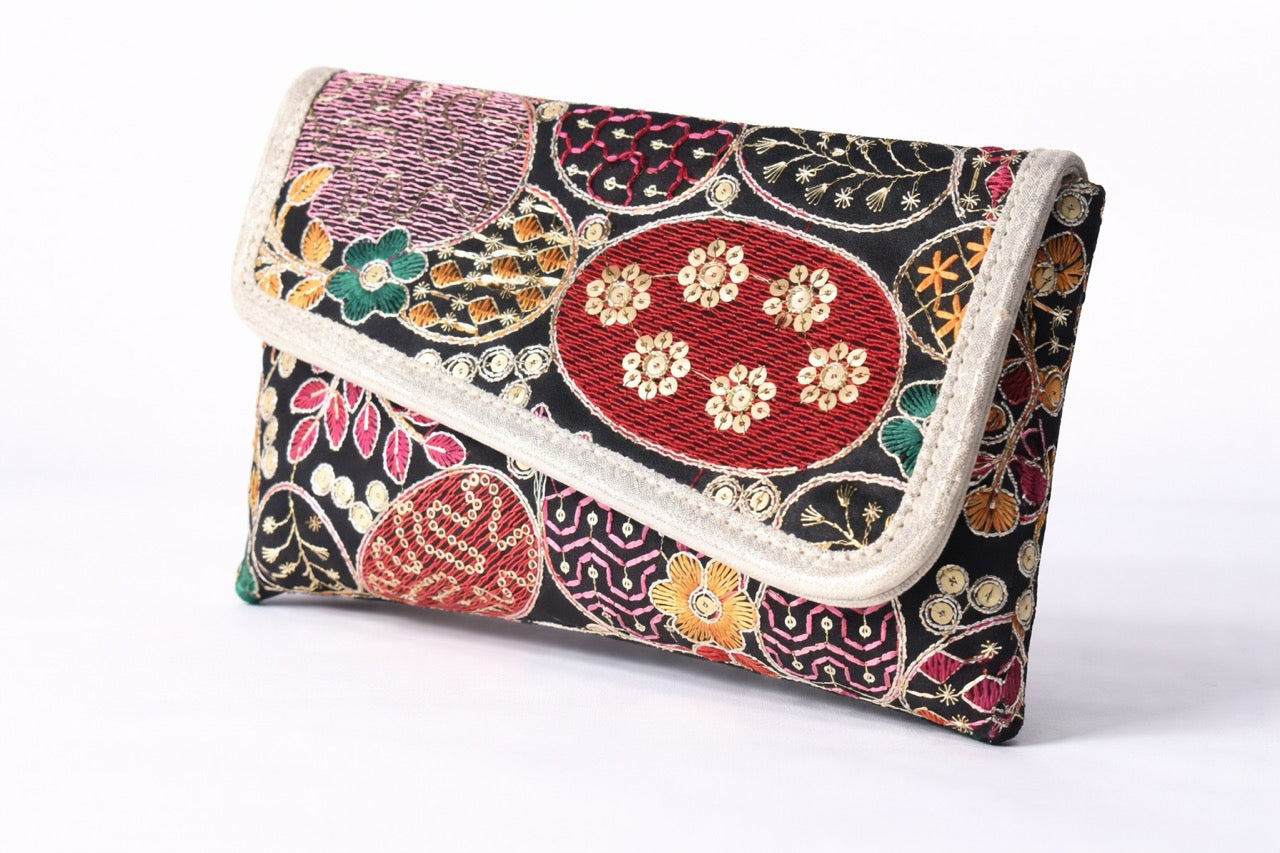 KarryQ Women Black Multicolor Embroidered Hand Purse with Golden Chain | Ethnic Floral Designer Sling Clutch Bag | Wedding, Party, Festive & Traditional Occasion Purse for Women & Girls